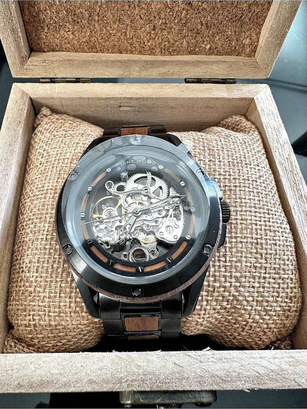 Avant Wood Black Skeleton Dial Automatic Mechanical Watch-43mm
